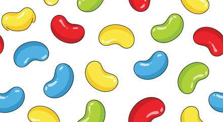 Bright and colorful seamless vector pattern featuring scattered glossy jelly beans in red, yellow, green, and blue, perfect for sweet candy backgrounds,