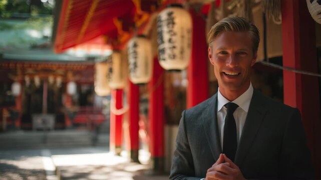 男性が夏の神社の参道でスーツ姿のまま静かに佇む様子