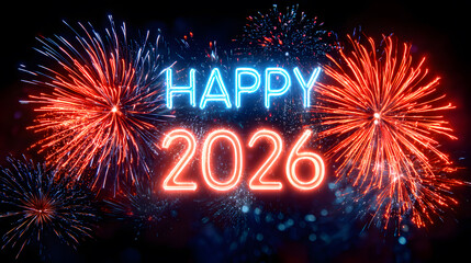 Happy 2026 Neon Text with Colorful Fireworks Celebration
