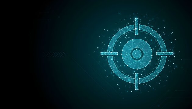 Futuristic glowing cyan target icon representing precision, goals, and digital technology on a dark background.