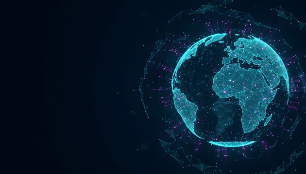 A glowing digital representation of planet Earth, with interconnected nodes and data streams forming a global network.