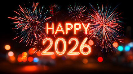 Happy 2026 Neon Text with Colorful Fireworks Celebration
