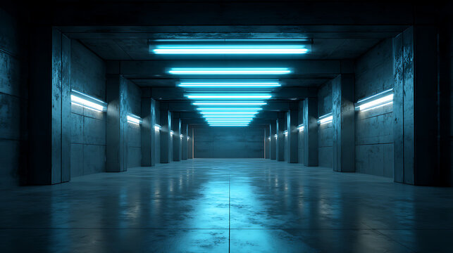 Dark industrial concrete corridor or tunnel illuminated by rows of blue neon ceiling lights creating a sci-fi or mystery atmosphere
