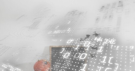 Showing orange pumpkin and sign leaning on shelf at wall with binary digits, spiders, copy space