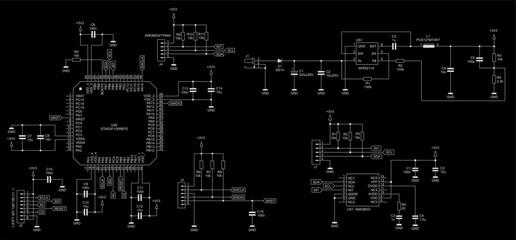 Schematic diagram of digital electronic device 
on paper sheet. Vector drawing electrical circuit with 
integrated circuit, cpu, connector, led indicator,  
capacitor, resistor, other components.