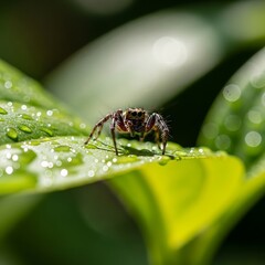 Close up of a small brown spider on a wet green leaf jumping spider insect