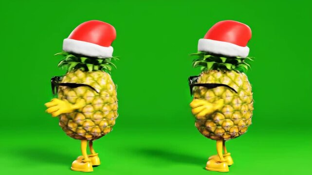Cartoon Pineapple Characters Dancing for Christmas - Two goofy 3D cartoon pineapples wearing Santa hats and sunglasses dance with silly moves. The background is a bright green screen.