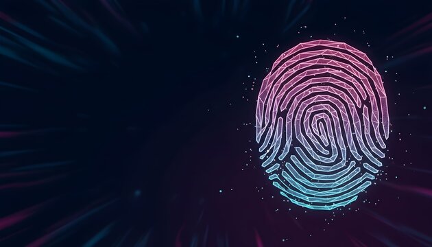 A glowing, abstract digital fingerprint rendered in neon pink and blue against a dark, streaky background.