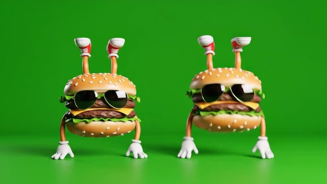 Playful Cartoon Burger Breakdancing on Green Screen - This stock video features two 3D video cartoon burger characters with sunglasses breakdancing on a green screen background.