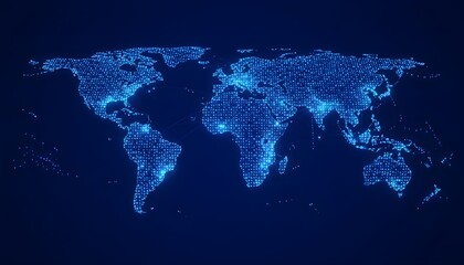 A glowing world map composed of countless blue lights, illustrating global connectivity and data flow.