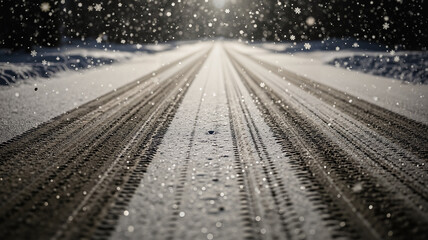Snow-covered road with tire tracks under soft winter light