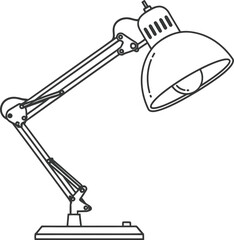 Adjustable articulated desk lamp with exposed bulb and simple base in line art style
