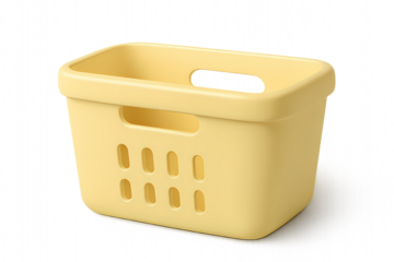 3D laundry basket icon on transparent background. Yellow plastic container with handles and ventilation holes. UI asset for household and digital interfaces.
