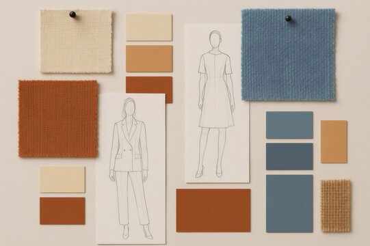 Fashion designer's creative process, laying out fabric swatches, color palette chips, and garment sketches on a board
