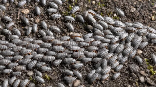 Isopods Crawling Together on the Ground in Macro Close Up View