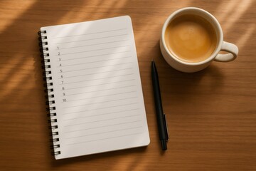 Open spiral notebook with numbers and lines, black pen, and cup of fresh coffee on a wooden table, receiving morning light