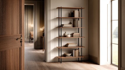 Modern minimalist bookshelf in a stylish living room, showcasing decorative items and natural light