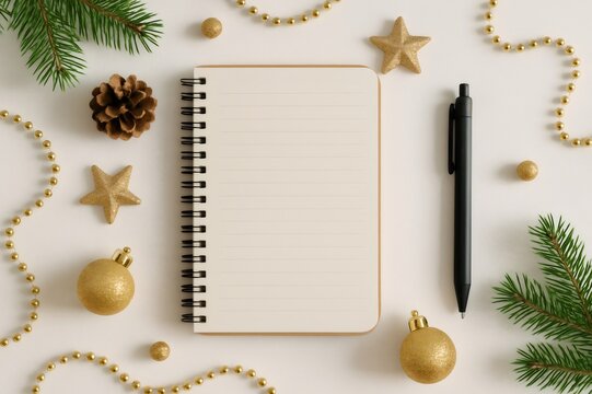 Blank notebook and pen surrounded by golden Christmas ornaments, pine branches, and a pinecone, preparing holiday plans