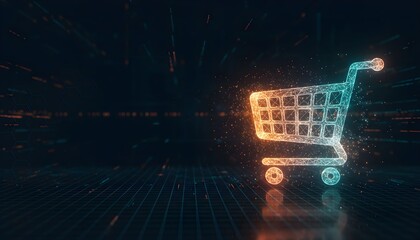 Digital shopping cart icon on dark background with grid lines.