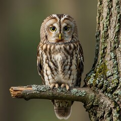 Tawny owl perched on mossy branch with wide yellow eyes bird wildlife