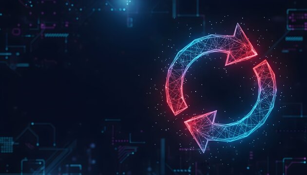 Glowing red and blue digital refresh icon on a futuristic technology background with circuit patterns.