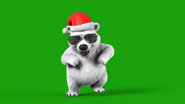 Cartoon Bear Character Dancing on Green Screen - A cheerful, 3D cartoon bear wearing a Santa hat and sunglasses dances with hip hop moves on a green screen background.