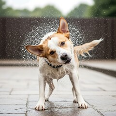 Wet dog shaking water droplets off fur outdoors image