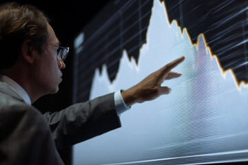 An economist pointing at a large digital screen.