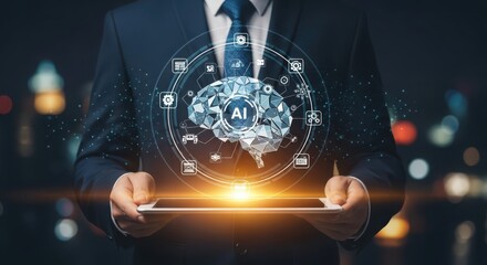 Businessman holding a tablet displaying a glowing digital brain with ai technology and network connections, representing artificial intelligence and innovation
