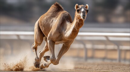 Camel running fast during a race on a sandy track, kicking up dust and showing power, speed, and agility in a dynamic action competition
