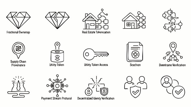 This vector illustration showcases a variety of blockchain and cryptocurrency concepts, including fractional ownership, real estate tokenization, and decentralized identity verification.