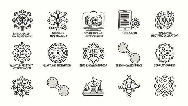 A set of fifteen vector icons illustrates concepts related to quantum computing, cryptography, and data security, rendered in a clean, minimalist style.