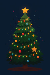 Christmas Tree with Multicolored Lights Outdoors in Quiet Evening
