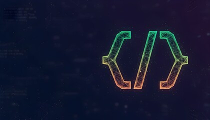 Abstract digital art featuring glowing code brackets on a dark background with subtle binary code patterns.