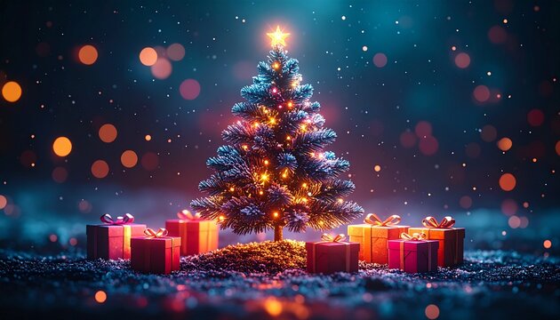 A vividly lit Christmas tree with a star topper and colorful ornaments, surrounded by glowing gifts, set against a magical, sparkling blue and purple dark background. - Powered by Adobe