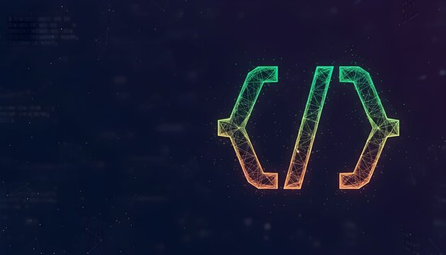 Abstract digital art featuring glowing code brackets on a dark background with subtle binary code patterns.