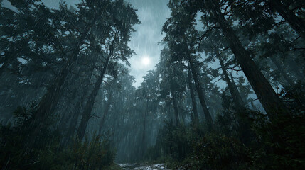 Fototapeta premium A mystical forest shrouded in atmospheric mist, the sun barely visible through the canopy