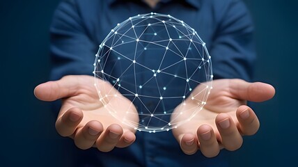 Hands holding a glowing digital network sphere representing artificial intelligence