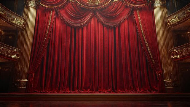 Red theater curtains opening on stage.