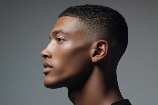 Young man posing in profile, showcasing a fresh short fade haircut and clear, glowing skin against a clean background