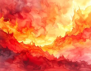 Abstract watercolor painting featuring vibrant shades of red, orange and yellow