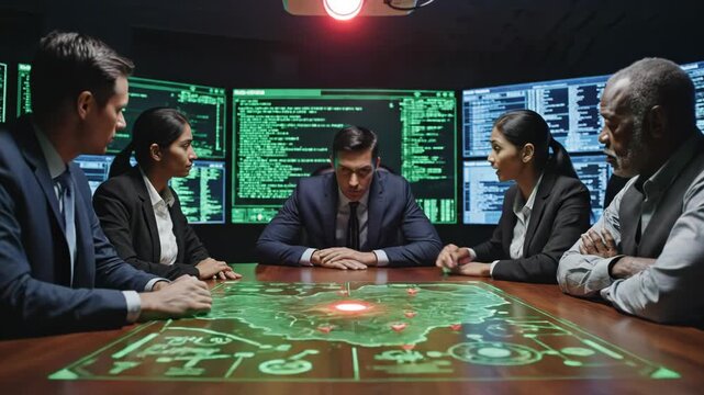 Diverse team of business professional analyzing holographic map projection on table in dark room with computer screen data background