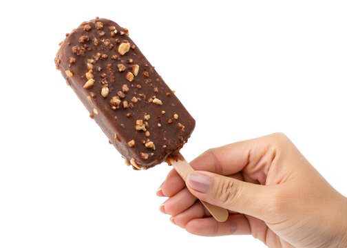 hand holding Chocolate covered ice cream bar with nuts on a stick popsicle isolated on a transparent background.