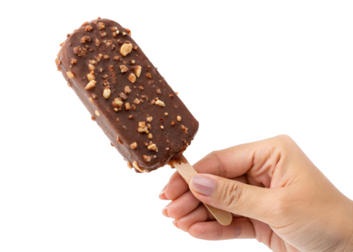 hand holding Chocolate covered ice cream bar with nuts on a stick popsicle isolated on a transparent background.