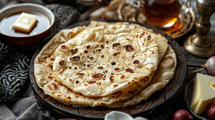 A stack of flatbreads on a wooden plate with butter and tea in a rustic setting on a wooden table