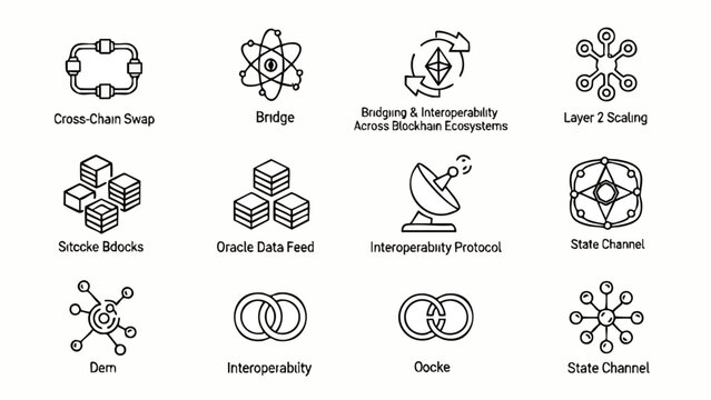 A set of vector line icons depicting various blockchain technology concepts, including cross-chain swaps, bridges, and interoperability protocols, all rendered in a clean, minimalist style.