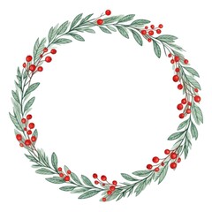Naklejka premium Watercolor Christmas Wreath with Red Berries and Green Leaves on White Background