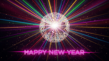Disco ball exploding with colorful light beams and happy new year text