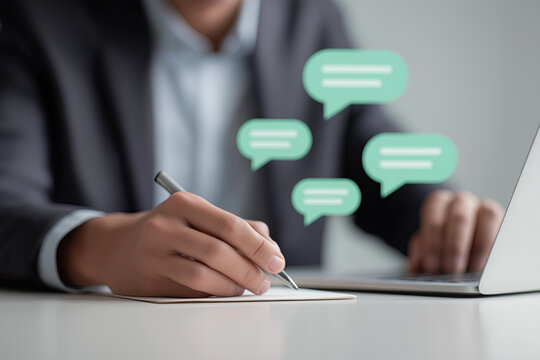 Professional takes notes beside laptop while digital chat bubbles illustrate online customer communication.

