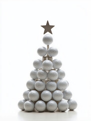 Creative Christmas tree made of ten white golf balls with a star on top, isolated on a clean white background, combining holiday and sports themes.